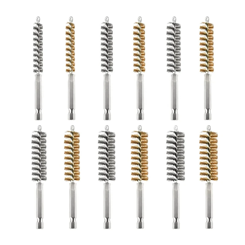 

12 Piece Wire Bore Brush Bore Cleaning Brush Brush Set Wire Twisted Brush Stainless Steel For Drill Impact Driver In 6 Sizes