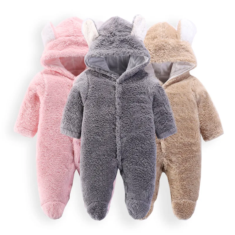 

Winter Thickening Warm Jumpsuit Baby Cute Solid Hooded Clothing Button Children Pajamas Sets Long Sleeve Onesie Set Rompers