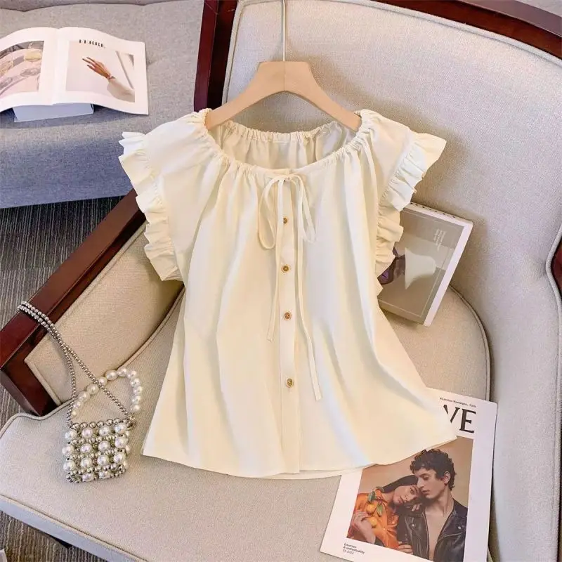 2024 Summer New Women's Blouse Crew Neck Tie Up with Button Spliced Ruffles Flying Sleeve Fashion Sweet Loose Shirt Tops