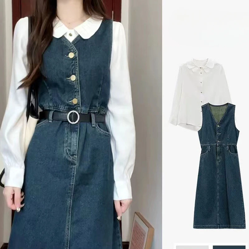 

Vintage Denim dress Children's Small Vespa Dress Shirt Suit 2 piece sets womens outfits Denim Skirt womens two peice sets