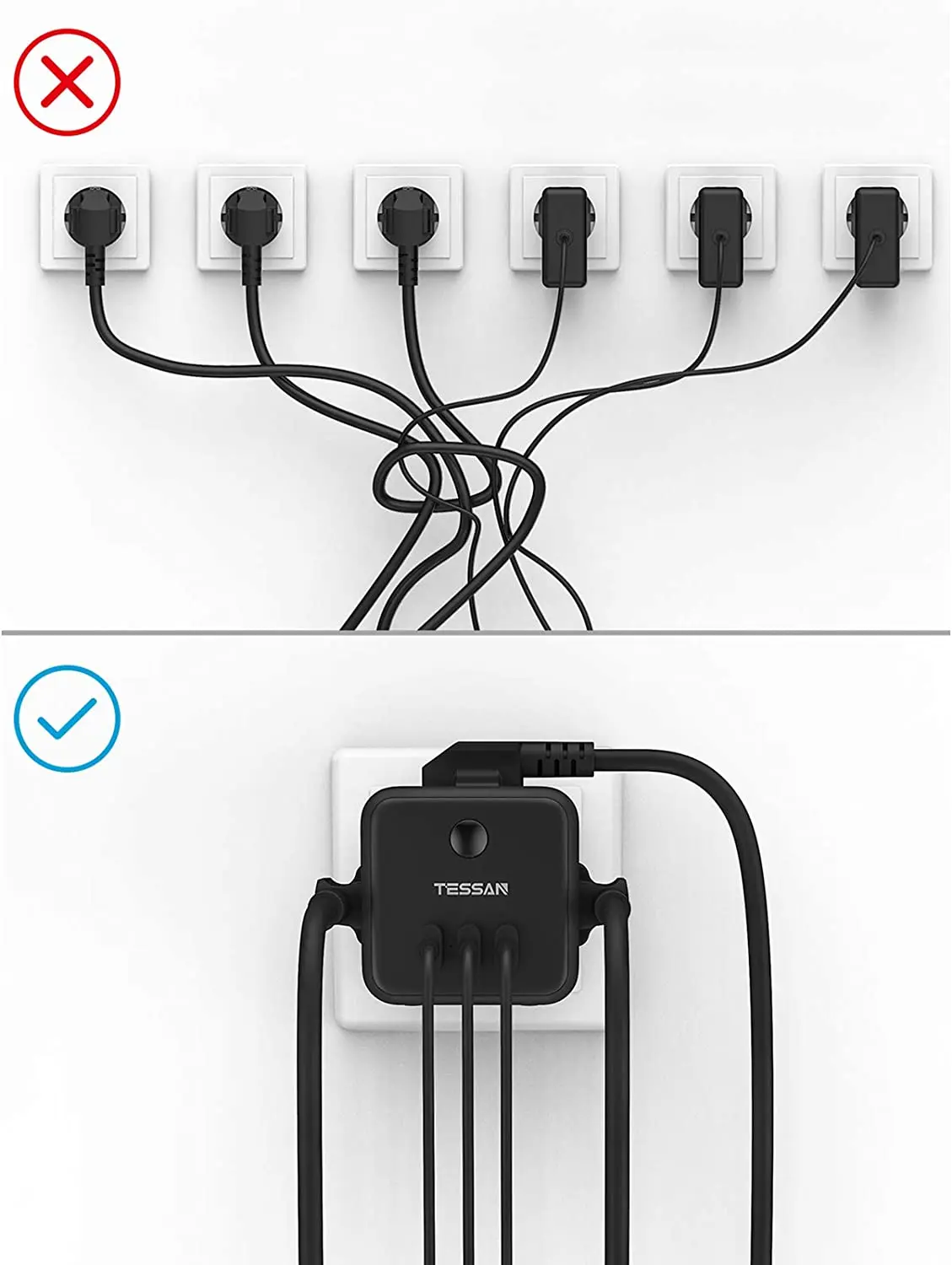 Comprar Regleta de enchufes múltiples TESSAN con 3/6 enchufes y 3 USB,  enchufe eléctrico múltiple con interruptor y Cable de 1,5 M/2M