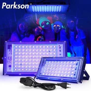 야광 파티 블랙라이트용 UV 투광 조명, 50W, 100W, 395nm, 400nm 방수, AC220V 자외선 형광 무대 램프, EU 플러그 포함
