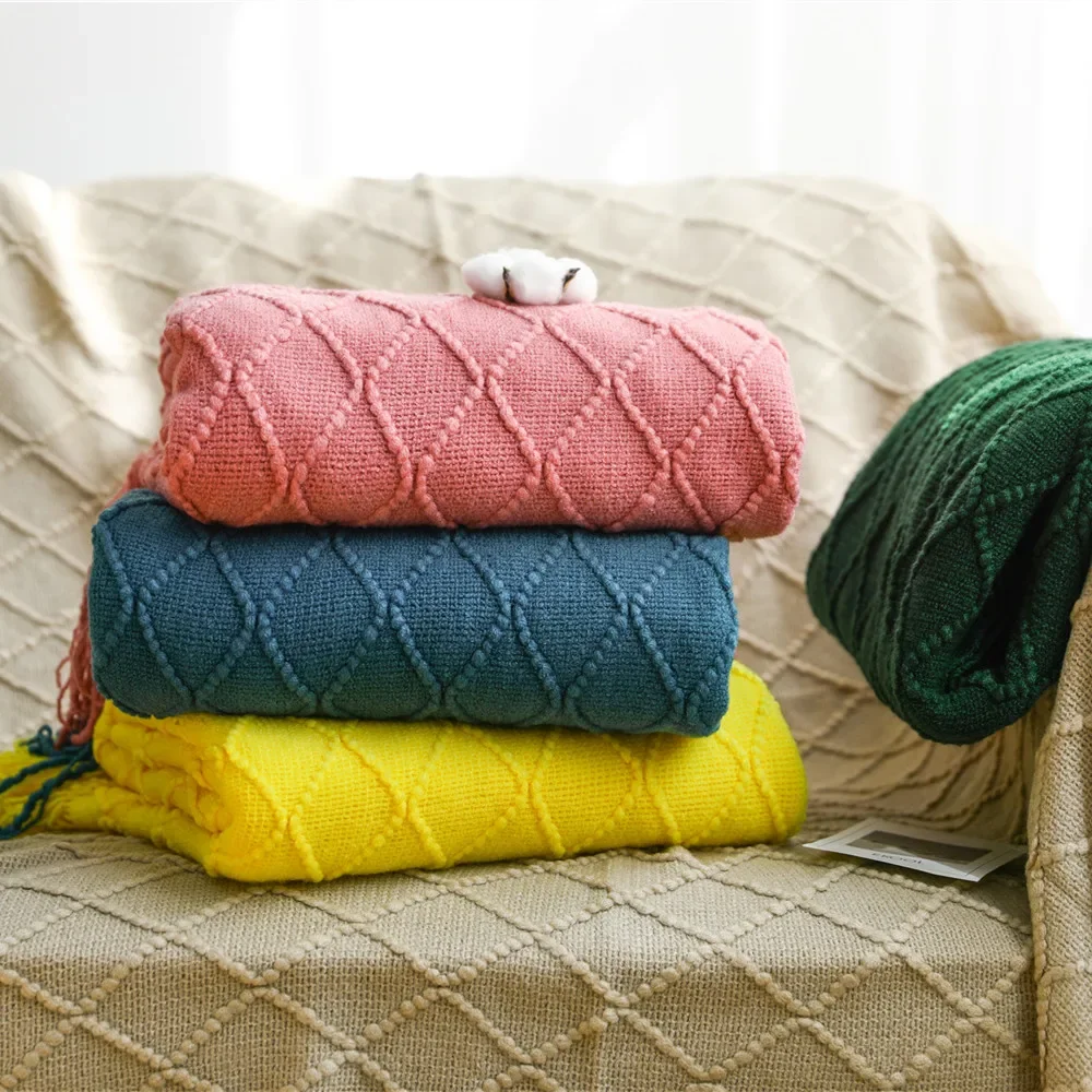 Green Knitted Throw Blanket for Beds with Tassel Gray Blue Solid Textured Plaid Sofa Cover Nordic Bed End Decor Soft Nap Blanket 3