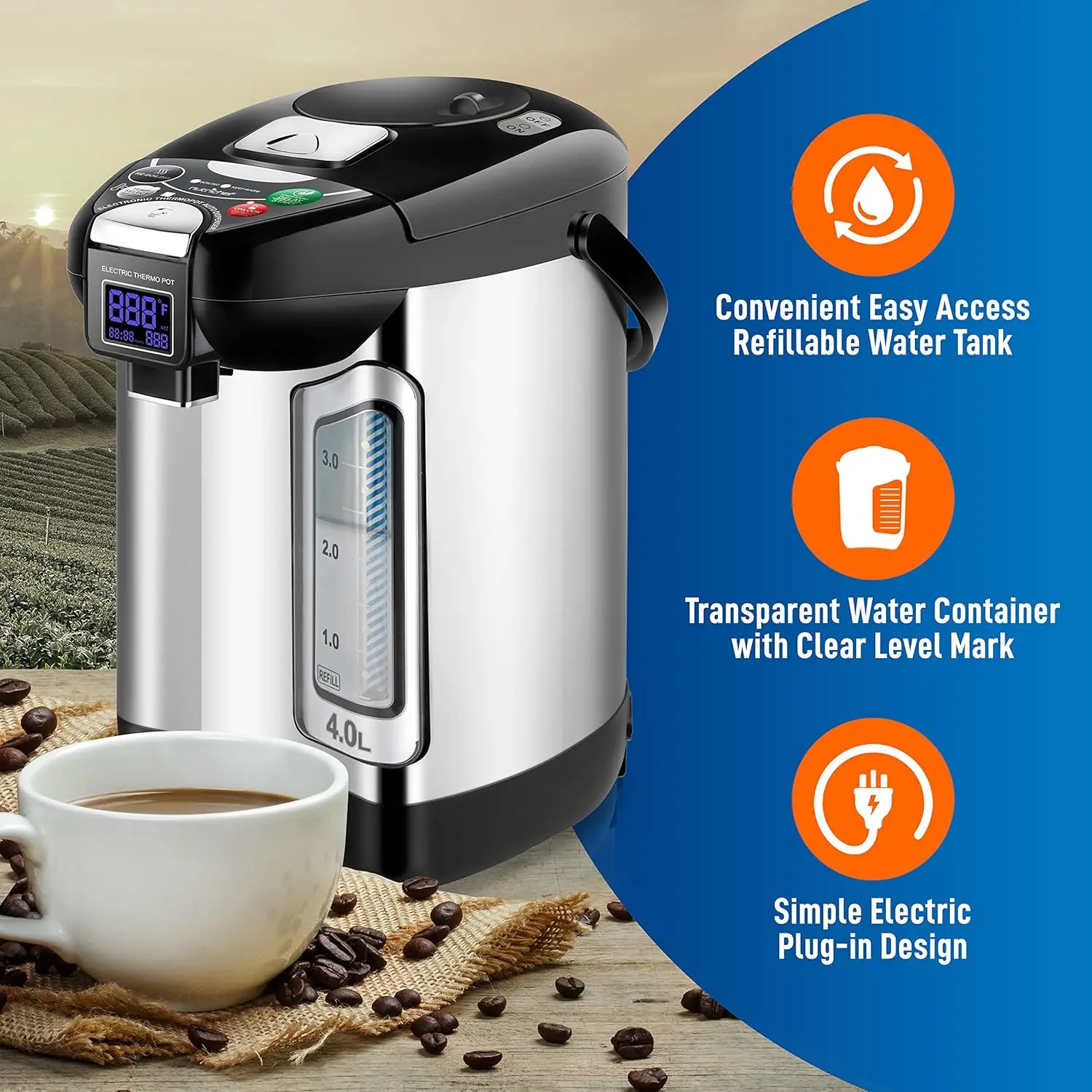 Digital Water Boiler and Warmer-4L/4.23 Qt Stainless Electric Hot Water Dispenser w/ LCD Display, Rotating Base, Keep Warm, Au