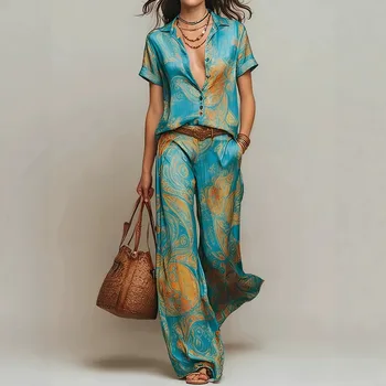 Women's Bohemian Print Two-Piece Set V-Neck Short Sleeve Top with Pocket Straight Leg Pants Casual Loose Set Vacation Outfit