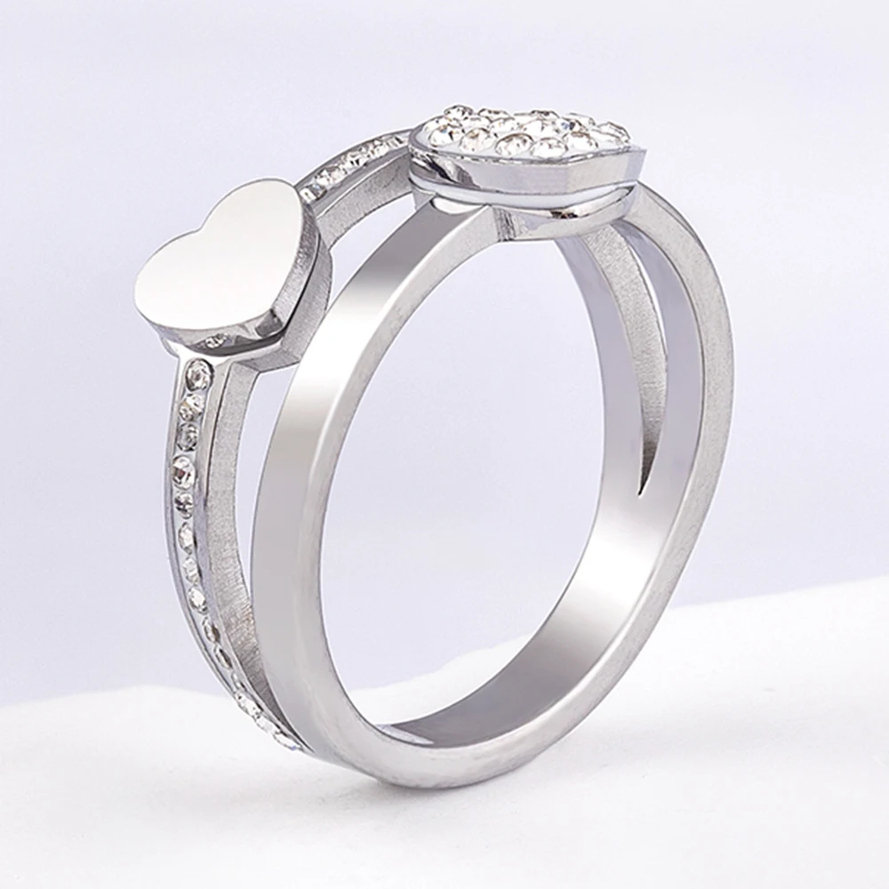 TYO Romantic Double Layer Crystal Heart Stainless Steel Rings Luxury Jewelry for Wedding Accessories