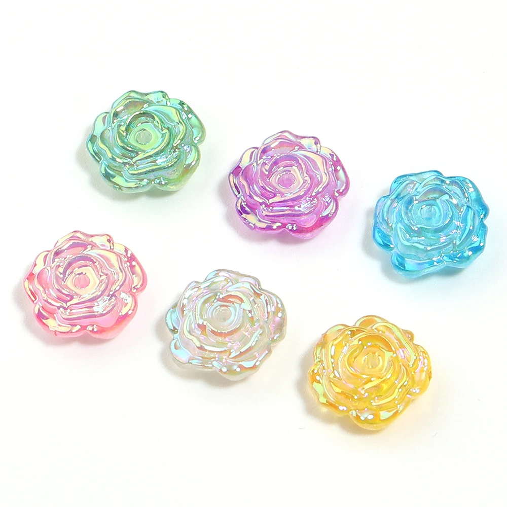 50개/세트 10mm 컬러 도금 장미꽃 아크릴 비즈 코랄 루즈 스페이서 비즈 쥬얼리 제작 DIY 목걸이 팔찌용