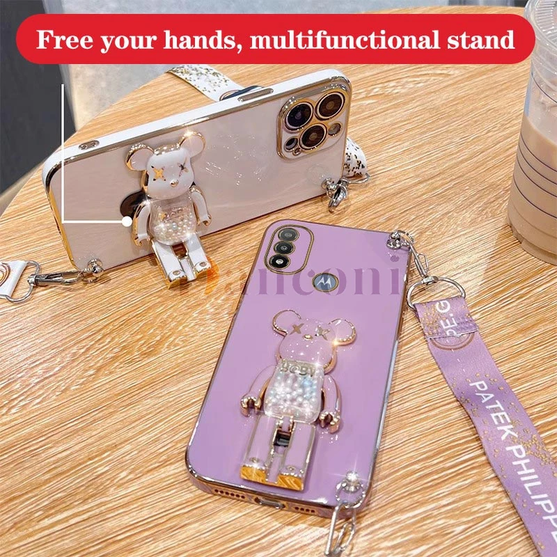 Cartoon Bear Lanyard Plating Phone Stereoscopic Holder Case