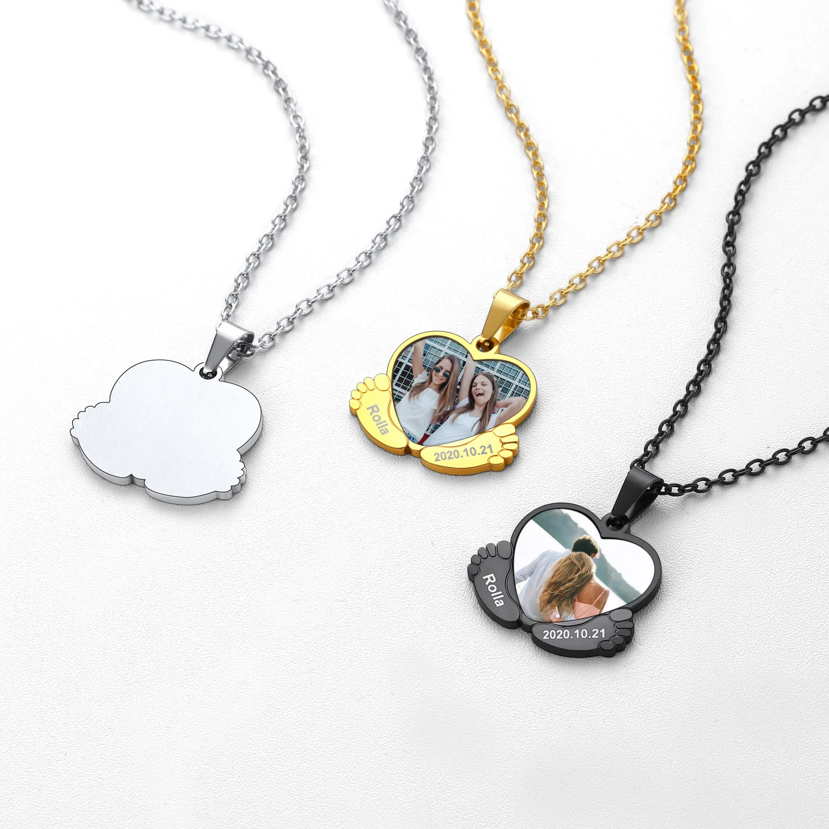 U7 Stainless Steel Personalized Photo Necklace Laser Engrave Name Birthday Date for New Born Baby Footprints Pendant Necklace