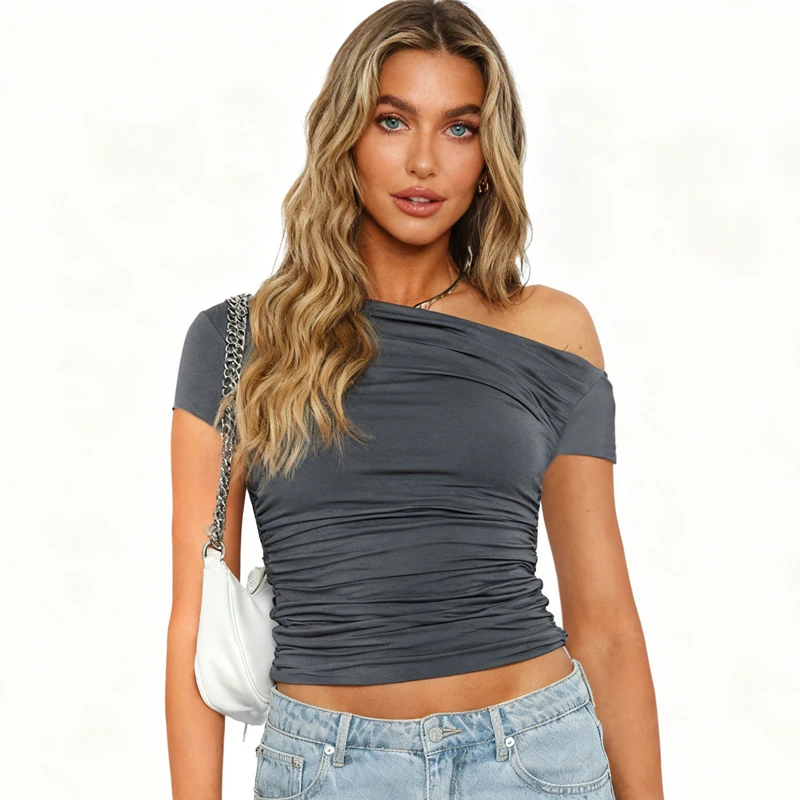 Summer New Women's Cross-Collar Off-the-Shoulder Short Sleeve T-Shirt Y2k Fashion Sexy Solid Color Pleated Short Slim Fit Top