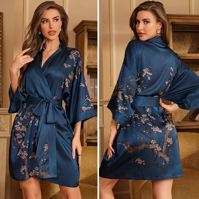 Navy Blue Floral Silk Satin Kimono-Style Nightgown
