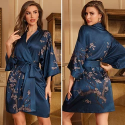 Navy Blue Floral Silk Satin Kimono - Style Nightgown - One Size (Navy blue)