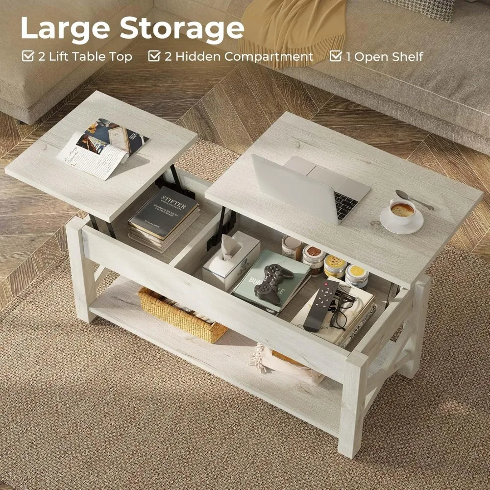 Coffee Table 47.2", 2 Way Lift Top Farmhouse Center Table with Hidden Compartment, Open Shelf & X Wooden Support for Living Room 4