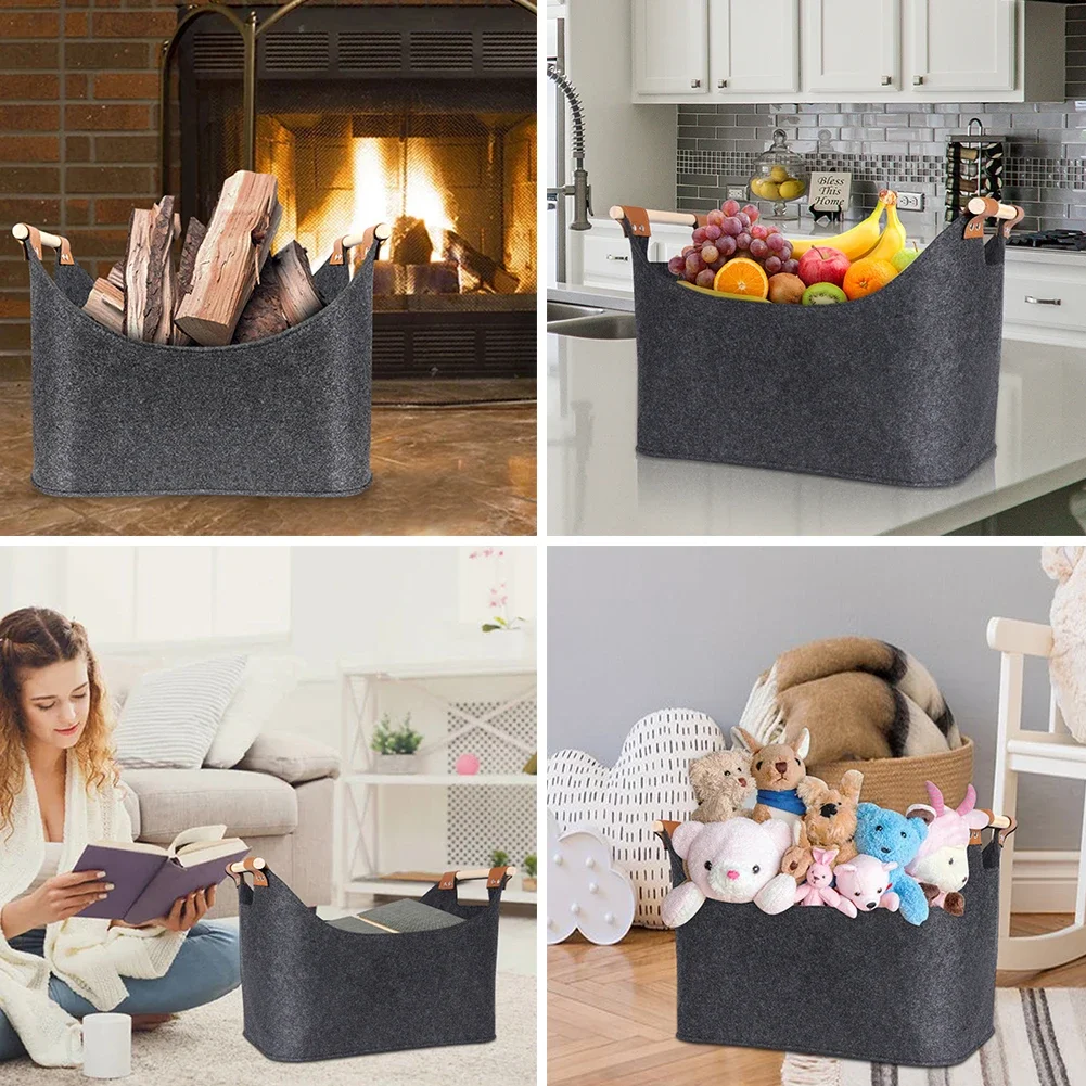 Felt Basket Firewood Box with Wooden Handles Foldable Wood Basket for Firewood Wood Newspapers Clothes Storage Basket 5