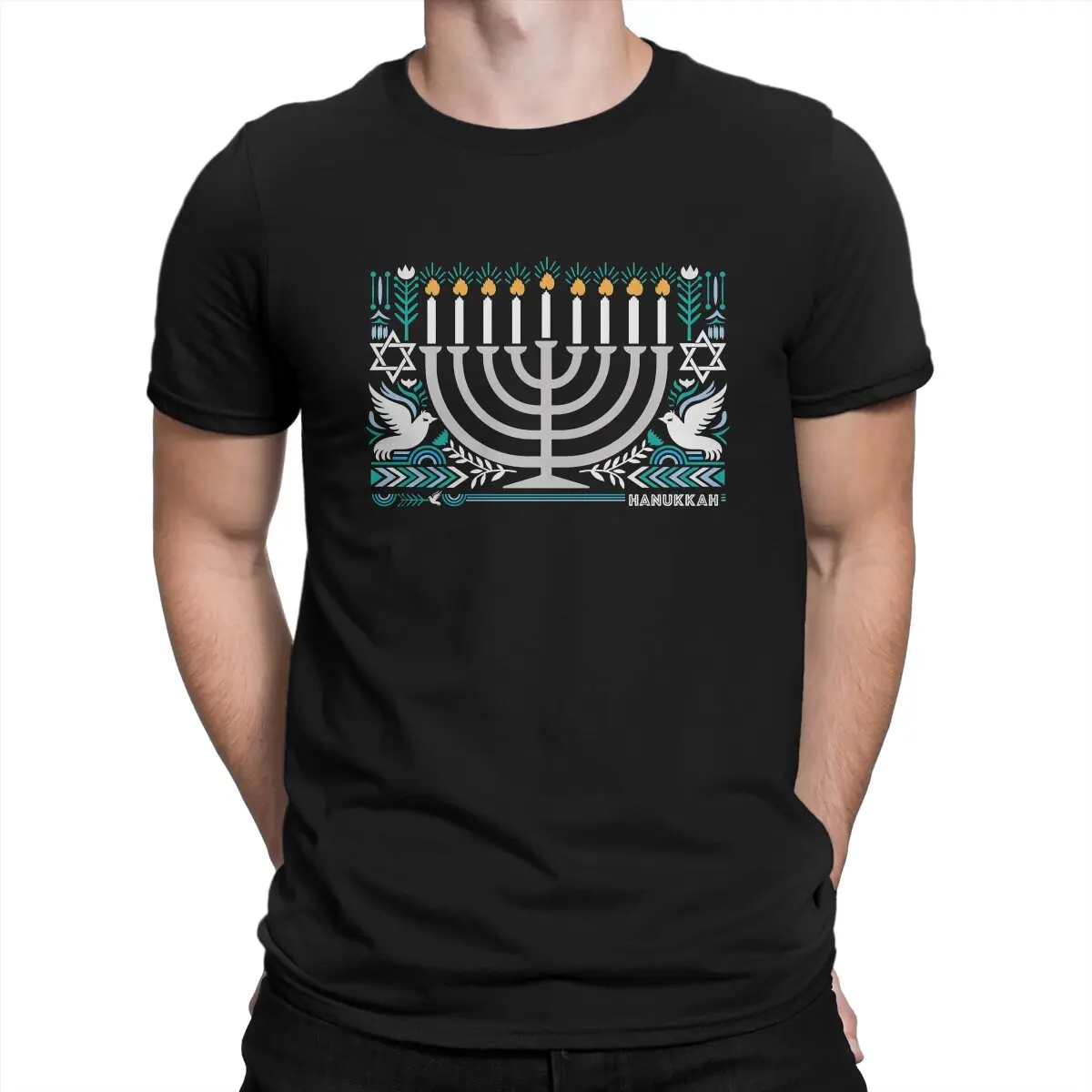 

Hanukkah Menorah Chanukah Lights Peace Freedom Men's T Shirts Jewish Menorah Light Hipster Short Sleeve T-Shirt Cotton