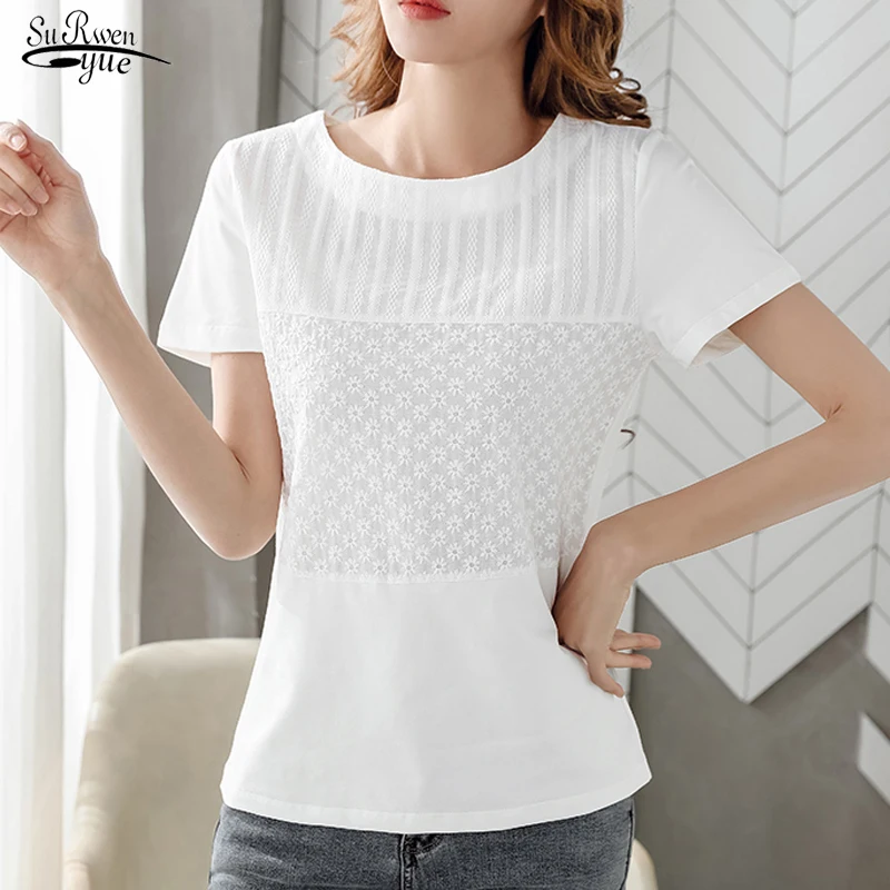 Blusa blanca De manga corta con cuello redondo para camisa De encaje Floral, color liso, 8586 50 - AliExpress Ropa de