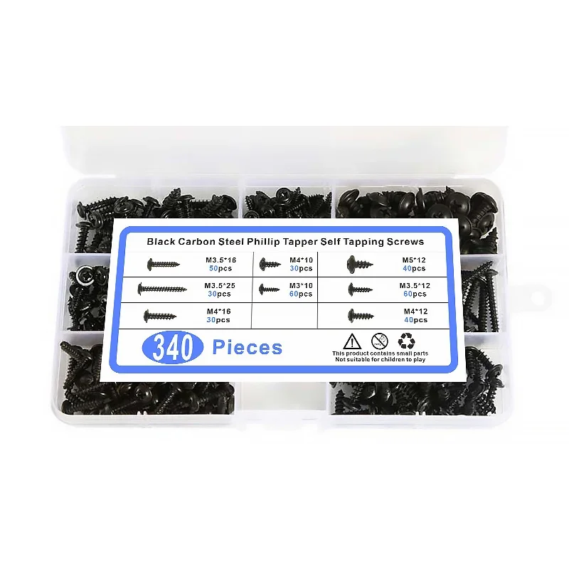 340pcs/Box Cross Head Self Tapping Screws Set Pan Head Tapping Screw Assortment Kit Black Furniture Carbon Steel M3/M3.5/M4/M5