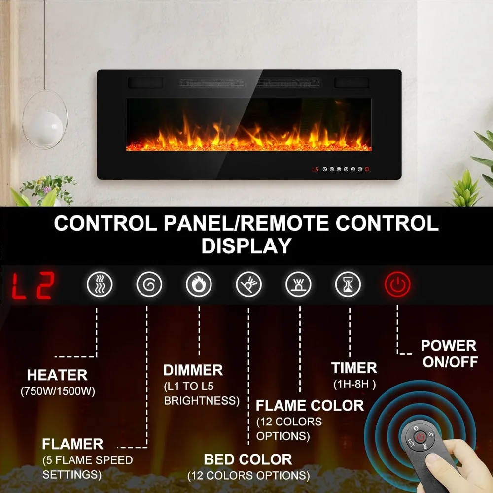 50 inch Electric Fireplace Wall Mounted/Freestanding-Ultra Thin Fireplace Inserts for Living Room with Heater, Remote Control 2