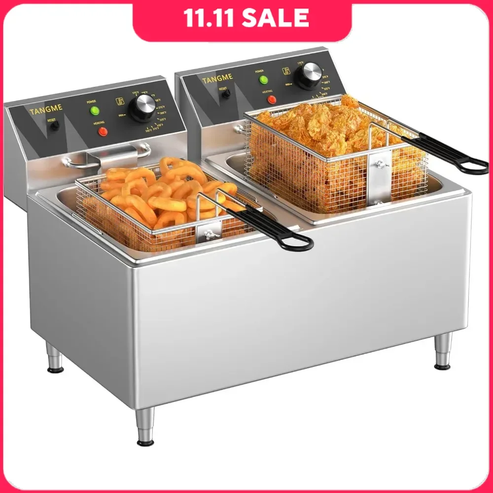 25.4Qt Commercial Deep Fryer, 3500W, Heavy Duty Large Stainless Steel Deep Fryers with Double Baskets, Electric Countertop Fryer