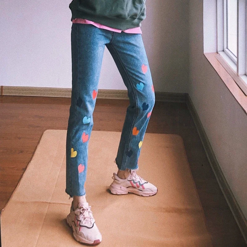 

Colorful Heart Print Jeans Harajuku Mom Jeans High Waisted Denim Pants Women Autumn Winter Blue Baggy Trousers 90s Streetwears