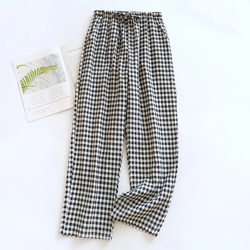 2024 New Japanese Spring/Summer Couple Sleepwear 100% Pure Cotton Gauze Men's and Women's Long Pants Thin Plaid Loose Home Pants