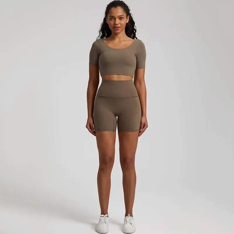 Lemon Soft Women Sport Suit High Waist Short Sleeve T-Shirt 2pc Short Legging Yoga Set Gym Workout Training Jog Hollow Out