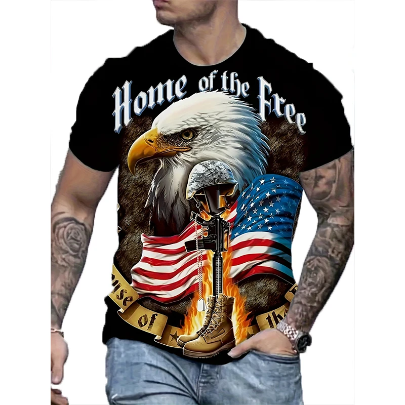 

3D printed eagle flag pattern comfortable men's short sleeved sports casual T-shirt classic animal pattern print large size