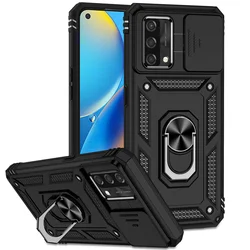 Shockproof Armor Case with Slide Camera Lens Protector and Magnetic Holder Ring Back Cover - OPPO A57 4G 5G (Black)