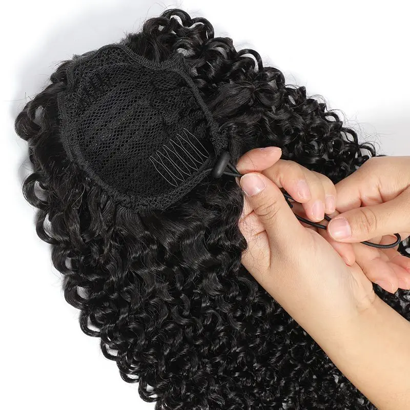 Human Hair Extensions Draw String Ponytails Jerry Afro Kinky Curly Virgin  Human Hair Clip In Ponytail Extension for Black Women