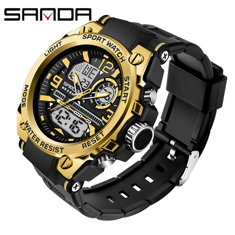 2022 SANDA Quartz 5ATM Waterproof Men Clock Sport Dual Display Electronic Watch Top Brand Military Men's Watch Relogio Masculino 