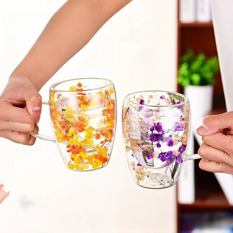 350ml Dried Flower Decorative Double Walled Glass Mug with Handle Coffee Cup Creative Flower Mug Heat insulation Milk Water Cups