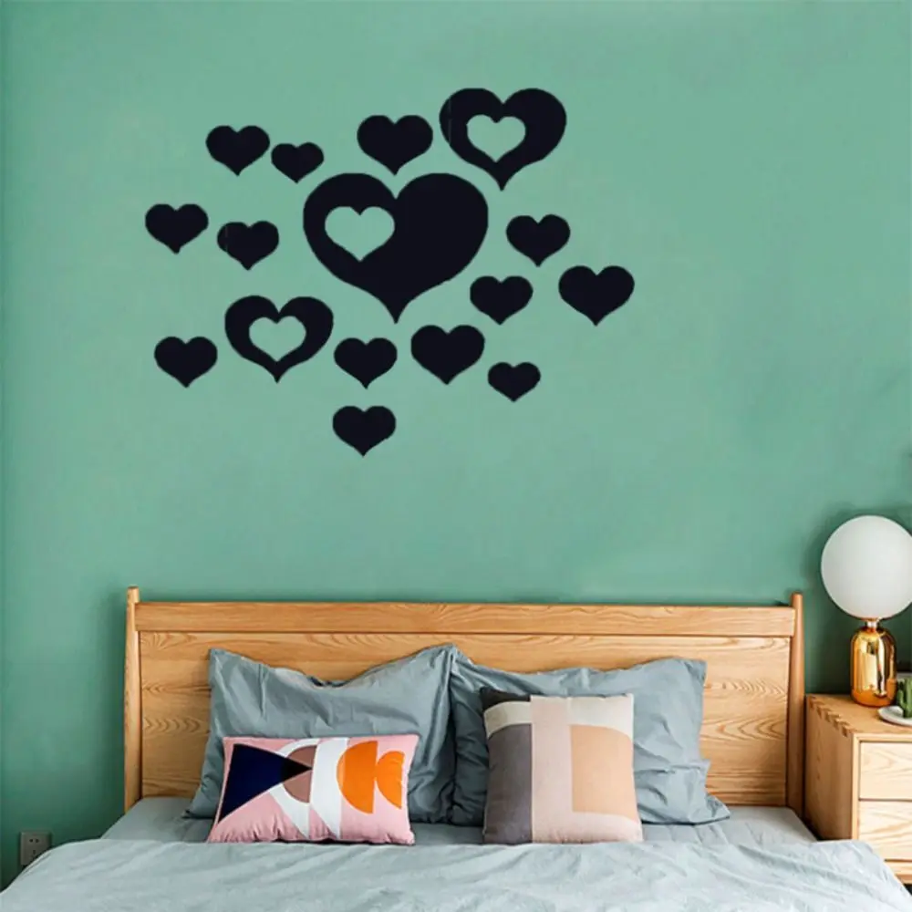 16Pcs/set Decorative Heart Shaped Mirror Stickers DIY Heart Shaped Acrylic Wall Stickers Removable Self-adhesive Love Art Mural