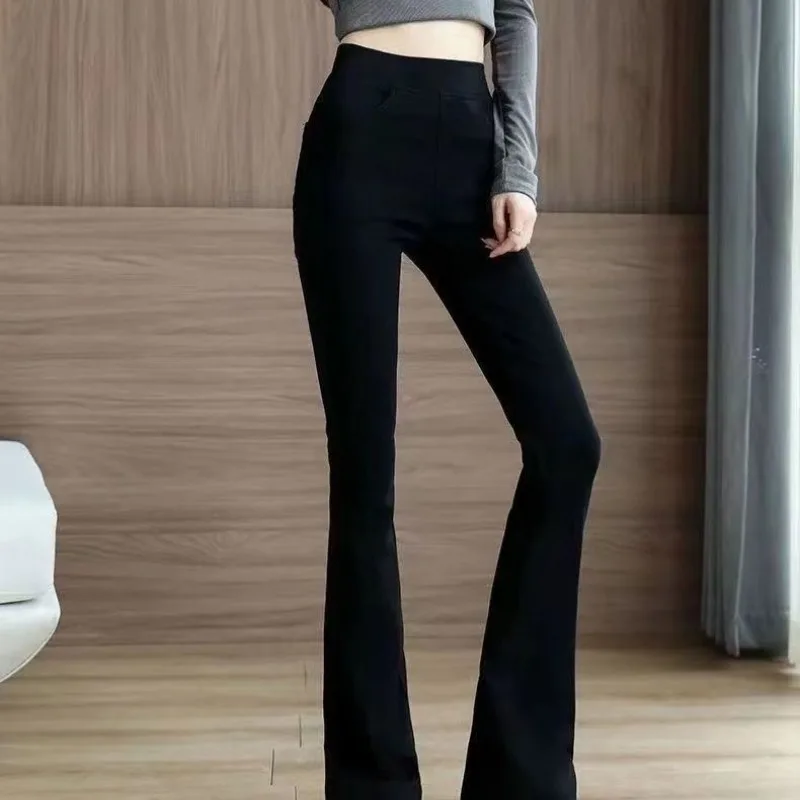 2023 Velvet and Thickened Women's Autumn and Winter New High Waist Patchwork Pocket Loose Casual Solid Color Micro Horn Pants