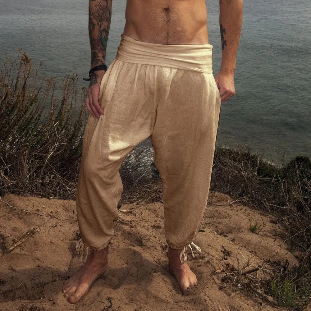 Solid Color Pants Men Pants Vintage Solid Color Men's with Wide Waistband Ankle-banded Design Breathable Soft for Beach