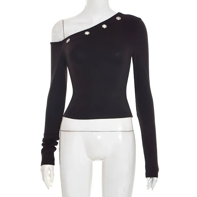 Spring and Autumn New Women's Slant Neck Off-Shoulder Buckle Long Sleeve T-Shirt Fashion Slim-fit Solid Color Pullover Short Top