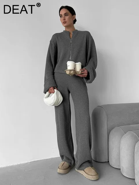 DEAT Fashion 2 Piece Set Women's Stand Collar Loose Zipper Sweater Coat High Wiast Straight Knitted Pants Suit Autumn New 7A1132 1
