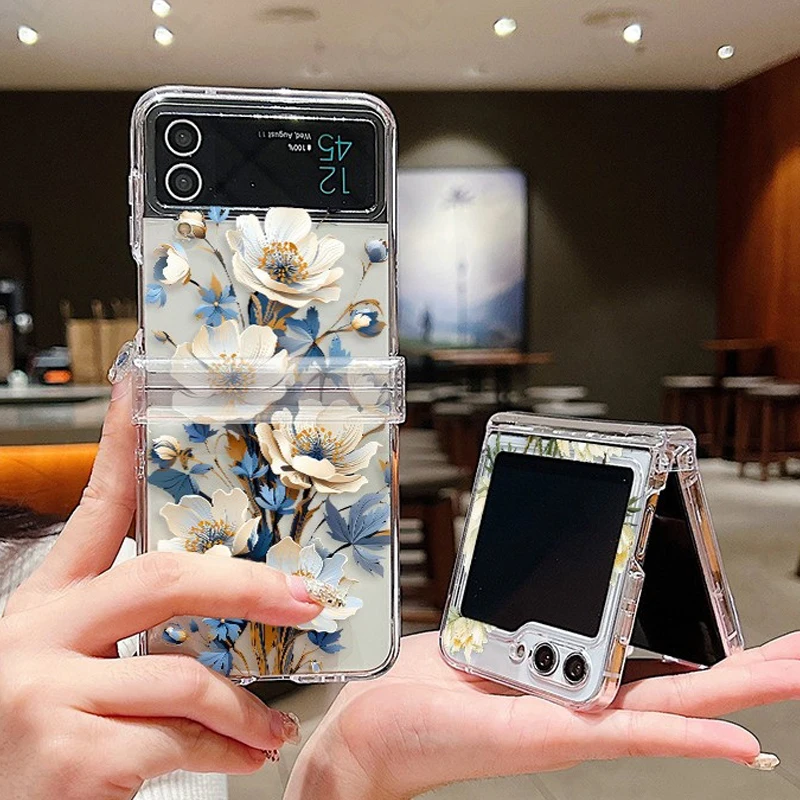 Flower Pattern Shockproof Folding Transparent Hard Cover Case