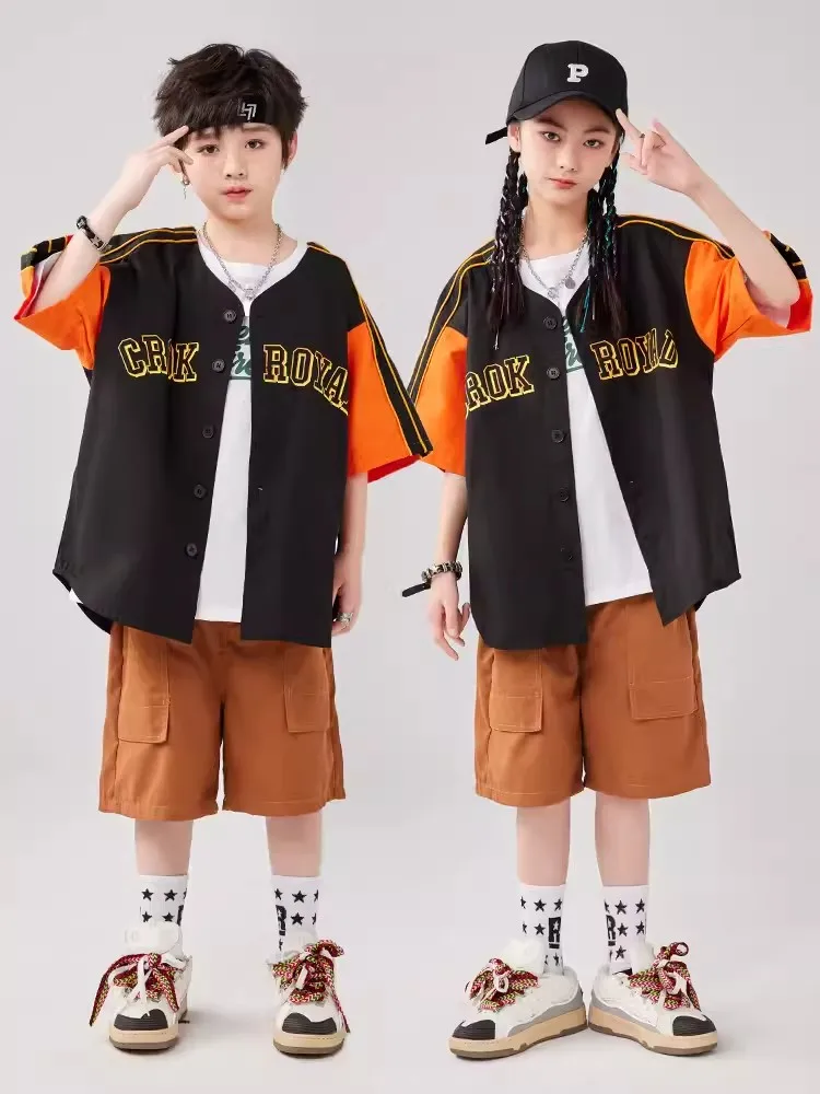 

Kids Hip Hop Dance Costume Girls Jazz Dance Performance Clothes Short Sleeves Coat Boys Loose Suit Summer Stage Clothing BL11336