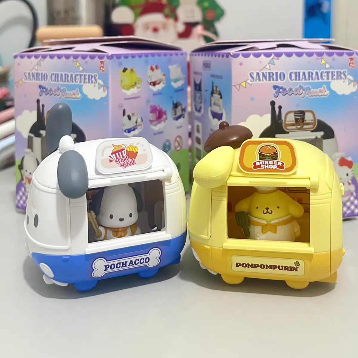 Sanrio Gourmet Food Truck Blind Box Cute Figure Car Toy Ornament Kulomi Pacha Dog Big Eared Dog Hello Kitty Mystery Box Gift Toy