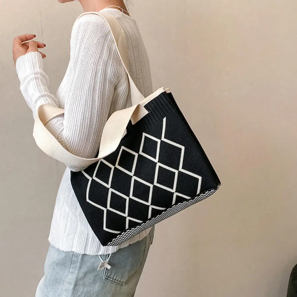 

Rhombus Line Knitted Hand Bag Female All-Match Snap Button Portable Tote Bag Large Capacity Student Fine Needle Wallet Autumn