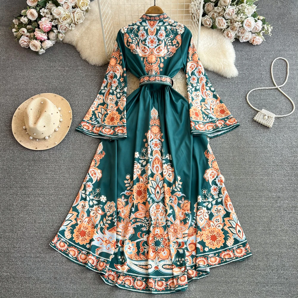 Elegant Flared Long Sleeve Women Dress Dubai Turkey Stand Collar Girdle Ladies Clothing Fashion Casual Print Arab Party Dresses