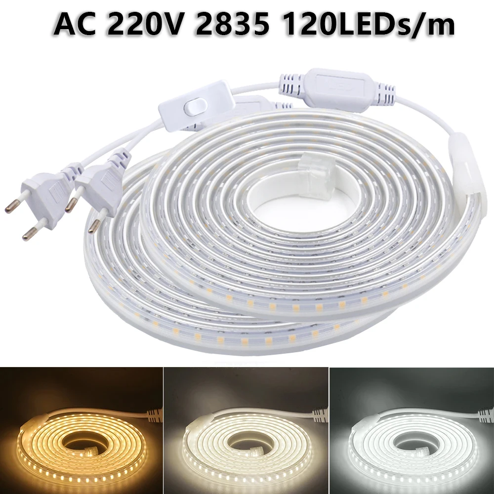 

220V Waterproof Outdoor LED Strip With Switch EU Power Plug SMD 2835 120LEDs/m Flexible Diode Tape LED Ribbon Room Decoration