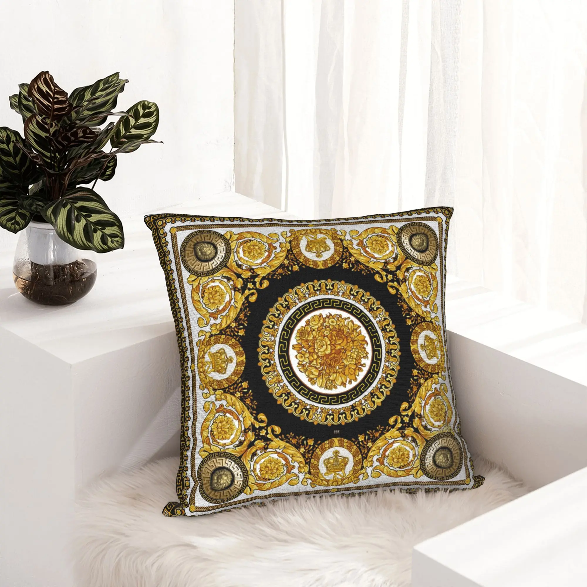 Elegant Baroque Gold Medallion Decorative Pillowcase - Luxurious Soft Fabric Cushion Cover
