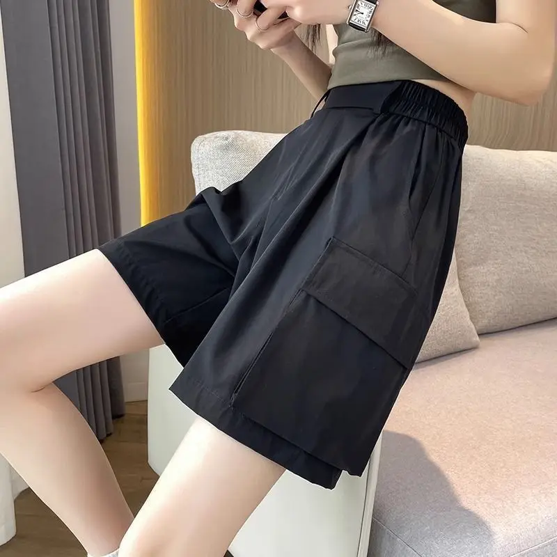 Safari Style High Waist Loose Shorts Female Clothing Solid Color Stylish Pockets Patchwork Wide Leg Summer Elastic Sports Shorts