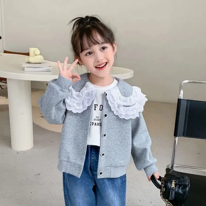 

Girls' Autumn Coat 2024 New Girl Baby Lapel Lace Top Children's Spring and Autumn Outwear Sports Jacket