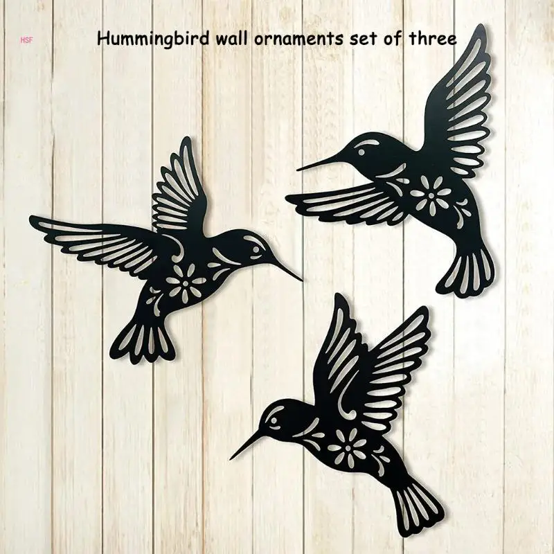 3Pcs Metal Hummingbird Wall Art Decor Hollow Out Iron Black Bird Statue Ornament 2