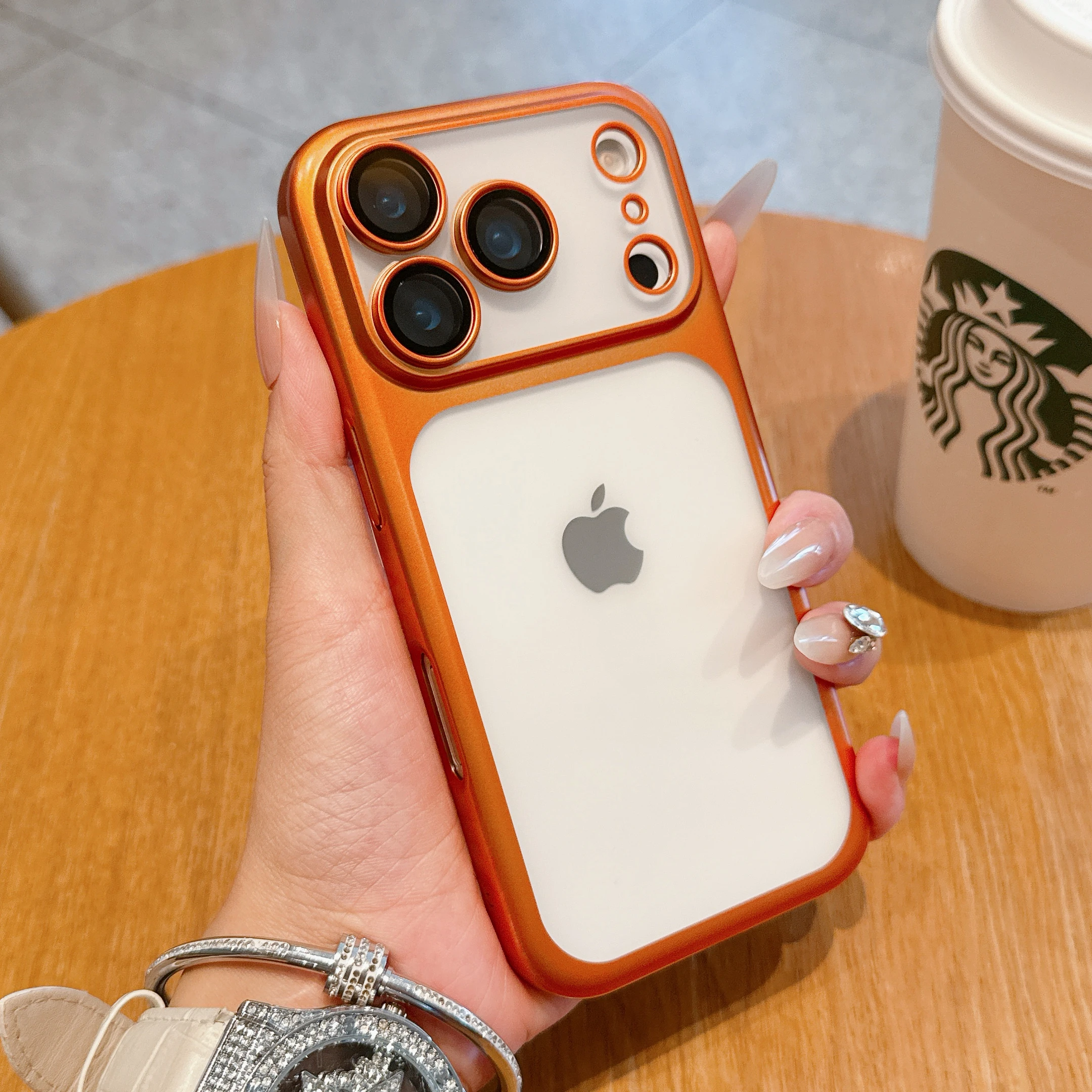 Matte Transparent Plating Frame Phone Case with Lens Protection and Anti-Fall PC Hard Clear Cover