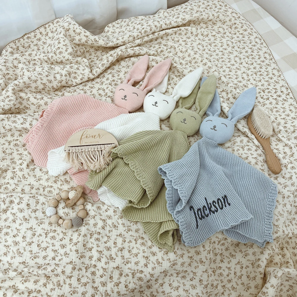 맞춤형 이름 자수  선물, 사랑스러운 동물 유모차 담요, 통기성 면 니트 토끼, 편안한 담요