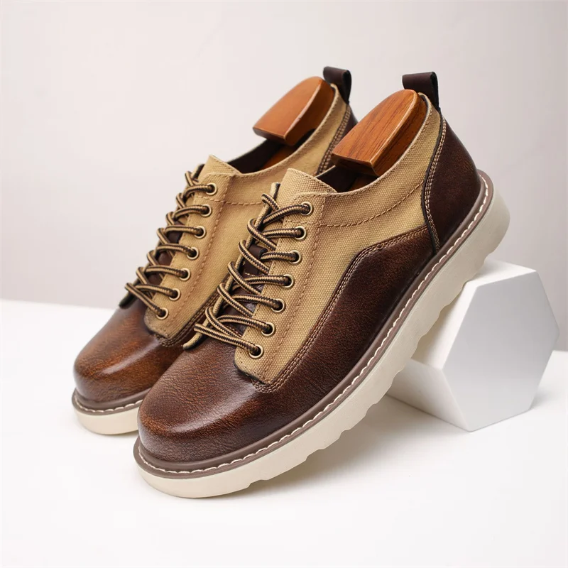 New Men Cow Leather With Canvas Casual Platform Shoes Lace Up Retro Outdoor Men Comfortable Autumn Footwear