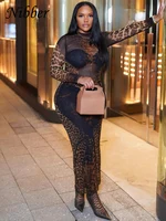 Nibber Leopard Print Dress Women See Through Coquette Full Sleeve o-Neck Fall Trend Midnight Party Clubwear Stretch Vestidos 1